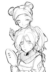 Rule 34 | 2girls, alternate hairstyle, animification, apex legends, confused, double bun, greyscale, hair bun, headband, headset, highres, holding, holding mirror, lifeline (apex legends), looking down, mirror, monochrome, multiple girls, niyamu, one eye closed, open mouth, scarf, sketch, smile, sweatdrop, twintails, wraith (apex legends)