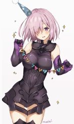 Rule 34 | 1girl, armor, armored dress, artist name, blush, breasts, commentary, cowboy shot, elbow gloves, english commentary, fate/grand order, fate (series), faulds, gloves, hair over one eye, happy birthday, hat, head tilt, highres, holding, impossible clothes, light purple hair, looking at viewer, mash kyrielight, medium breasts, mochii, one eye covered, open mouth, party hat, purple eyes, round teeth, simple background, smile, solo, sparkle, standing, teeth, thighhighs, white background