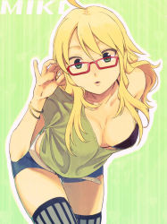 Rule 34 | 10s, 1girl, adjusting eyewear, ahoge, belt, blonde hair, bra, bracelet, breasts, character name, cleavage, cowboy shot, female focus, glasses, green background, green eyes, green shirt, hiiro 5-sai, hoshii miki, idolmaster, idolmaster (classic), idolmaster 2, jewelry, leaning forward, long hair, looking at viewer, medium breasts, off shoulder, parted lips, patterned legwear, red-framed eyewear, shirt, short shorts, shorts, solo, striped clothes, striped thighhighs, thighhighs, underwear, vertical-striped clothes, vertical-striped thighhighs, white belt