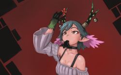 Rule 34 | 1girl, antlers, blue hair, bow, brown eyes, c (control), choker, christmas, dress, eating, fur, gloves, hair ornament, head wings, horns, midas money, paintrfiend, pointy ears, q (control), short hair, simple background, solo, wings