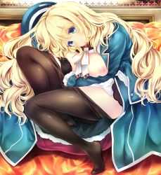 Rule 34 | 10s, 1girl, atago (kancolle), black gloves, black pantyhose, blonde hair, blush, breasts, gloves, green eyes, hat, kantai collection, large breasts, long hair, looking at viewer, military, military uniform, mini koala, nipples, pantyhose, shiny clothes, smile, solo, uniform
