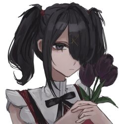 Rule 34 | 1girl, :|, ame-chan (needy girl overdose), black eyes, black hair, black ribbon, closed mouth, expressionless, flower, hair ornament, hair over one eye, highres, holding, holding flower, neck ribbon, needy girl overdose, one eye covered, own hands together, portrait, purple flower, purple tulip, ribbon, sanmanako, shirt, short hair, short twintails, simple background, solo, tulip, twintails, white background, white shirt, x hair ornament