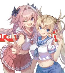 Rule 34 | 1boy, 1girl, ahoge, androgynous, astolfo (fate), black bow, blonde hair, blue eyes, blue neckerchief, blue sailor collar, blue skirt, blush, bow, bradamante (fate), braid, breasts, crown braid, fang, fate/apocrypha, fate/grand order, fate (series), hair between eyes, hair bow, hair ornament, happy, highres, large breasts, long hair, looking at viewer, matching outfits, midriff, navel, neckerchief, one eye closed, open mouth, pink hair, pink neckerchief, pink sailor collar, pink skirt, pleated skirt, purple eyes, sailor collar, saitou masatsugu, school uniform, serafuku, single braid, skin fang, skirt, smile, trap, twintails, v, very long hair, wavy mouth, white background