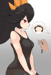 Rule 34 | 1girl, 1other, absurdres, ashley (warioware), black hair, black tank top, breasts, closed mouth, collarbone, disembodied hand, from side, gradient background, hairband, highres, long hair, medium breasts, nintendo, orange hairband, pantyhose, profile, red eyes, rnt (251139), shiny skin, sidelocks, sitting, solo focus, speech bubble, stethoscope, tank top, twintails, warioware