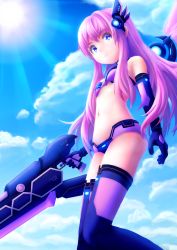 Rule 34 | 1girl, blue eyes, breasts, cleavage, cloud, day, elbow gloves, eyebrows, gloves, hair ornament, highres, long hair, looking at viewer, navel, nepgear, neptune (series), pink hair, purple eyes, purple sister, sky, small breasts, smile, solmyr2000, solo, sword, symbol-shaped pupils, very long hair, weapon