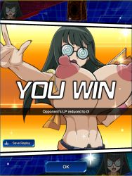 Rule 34 | 1girl, blue eyes, blush, breasts, card, carly nagisa, game mod, glasses, green hair, hand on own hip, highres, huge breasts, large nipples, long hair, mod, navel, nipples, nude mod, open mouth, rochestedorm, solo, third-party edit, yu-gi-oh!, yu-gi-oh! 5d&#039;s, yu-gi-oh! duel links
