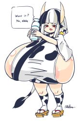 Rule 34 | 1girl, animal ears, animal print, areola slip, ayazumi flutter, black hair, bottle, breasts, cow ears, cow girl, cow horns, cow print, cow print socks, cow print thighhighs, cow tail, ear tag, english text, fang, female focus, full body, gigantic breasts, holding, holding bottle, horns, looking at viewer, milk bottle, multicolored hair, oppai loli, original, print thighhighs, red eyes, sandals, shiny skin, sideboob, skin fang, smug, solo, tail, two-tone hair, white background, white hair