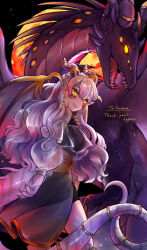 Rule 34 | 1girl, artist name, black background, claws, closed mouth, commission, cowboy shot, dragon, dragon girl, dragon horns, dragon tail, dragon wings, earrings, full moon, glowing, glowing eyes, grey hair, grey scales, highres, hogara, horn ornament, horn ring, horns, jewelry, long hair, long sleeves, looking at viewer, looking back, moon, off shoulder, orange moon, original, pointy ears, puffy long sleeves, puffy sleeves, purple horns, scales, see-through, see-through sleeves, skeb commission, slit pupils, smile, solo, standing, tail, tail ornament, tail ring, wings, yellow eyes