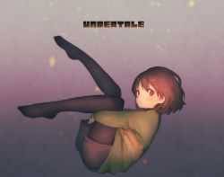 Rule 34 | 1other, androgynous, bad id, bad pixiv id, brown hair, chara (undertale), hugging own legs, legs, looking at viewer, oshiruko (tsume), pantyhose, red eyes, shirt, short hair, shorts, solo, striped clothes, striped shirt, striped sweater, sweater, undertale