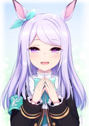 Rule 34 | 1girl, :d, animal ears, armband, black jacket, blue bow, blue ribbon, blush, bow, commentary request, frilled sleeves, frills, hair ribbon, hands up, highres, horse ears, jacket, long hair, long sleeves, looking at viewer, mejiro mcqueen (umamusume), omoomomo, open mouth, purple eyes, purple hair, ribbon, smile, solo, steepled fingers, swept bangs, umamusume, upper body