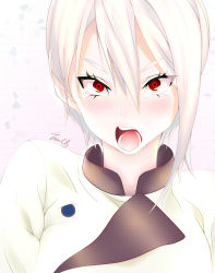 Rule 34 | &gt;:d, 10s, 1girl, :d, angry, artist name, bad id, bad pixiv id, baihuzi cb, blush, buttons, close-up, crying, crying with eyes open, eyelashes, gradient background, highres, looking at viewer, nakiri alice, open mouth, pink background, red eyes, shokugeki no souma, short hair, signature, simple background, smile, solo, tears, v-shaped eyebrows