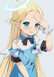 Rule 34 | 1girl, absurdres, apron, black bow, blonde hair, blue archive, blue eyes, blush, bow, bruise, collared shirt, commentary, forehead, grey background, halo, hand on forehead, highres, id card, ikazu401, injury, long hair, looking at viewer, open mouth, pen, shirt, short sleeves, simple background, solo, sora (blue archive), strap slip, striped, striped bow, tearing up, tears, upper body, white shirt, wristband