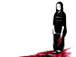 Rule 34 | arms at sides, black hair, black kimono, blood, dan kim, flat color, funeral kimono, japanese clothes, kimono, legs together, long hair, monochrome, polychromatic, red theme, solo, standing, staring, white background