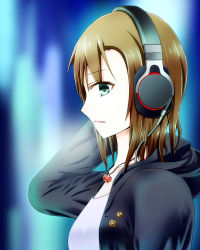 Rule 34 | 10s, 1girl, brown hair, cable, from side, green eyes, headphones, highres, hood, hoodie, idolmaster, idolmaster cinderella girls, jewelry, necklace, ryou apollo, short hair, solo, sony, tada riina