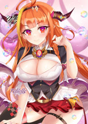 Rule 34 | 1girl, ahoge, artist name, balloon, black jacket, blonde hair, blunt bangs, bow, braid, breasts, bright pupils, brooch, brown hairband, bubble, cleavage, cleavage cutout, closed mouth, clothing cutout, collared shirt, diagonal-striped bow, dragon girl, dragon horns, dragon tail, felielle, hairband, hand up, heart balloon, hololive, horn bow, horn ornament, horns, jacket, jewelry, kiryu coco, kiryu coco (1st costume), large breasts, long hair, looking at viewer, miniskirt, multicolored bow, multicolored eyes, multicolored hair, orange hair, pointy ears, purple eyes, red eyes, red skirt, shirt, side-tie skirt, side braid, sidelocks, single braid, single thighhigh, skirt, smile, solo, streaked hair, striped, striped bow, tail, thigh strap, thighhighs, virtual youtuber, white pupils, white shirt