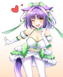 Rule 34 | 10s, 1girl, ;d, animal ears, arm garter, bare shoulders, blue bow, blush, bow, breasts, cat ears, cat tail, cinnamon (nekopara), cleavage, collarbone, crop top, detached collar, detached sleeves, earclip, frills, gloves, gradient background, green ribbon, hair intakes, hair ornament, hair ribbon, halterneck, healther, heart, highres, index finger raised, large breasts, leaning forward, legs apart, long hair, midriff, navel, nekopara, one eye closed, open mouth, pantyhose, puffy sleeves, purple hair, ribbon, short hair, skirt, smile, solo, stomach, tail, white gloves, white pantyhose, yellow eyes