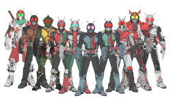 Rule 34 | 6+boys, absurdres, alternate color, antennae, armlet, armor, armored boots, bandage on leg, black bodysuit, black footwear, bodysuit, boots, breastplate, chinese commentary, claws, clenched hands, commentary request, dagger, driver (kamen rider), full body, gauntlets, glowing, glowing eyes, green armor, green eyes, green scarf, grey armor, grey footwear, grey scarf, highres, horns, kamen rider, kamen rider (1st series), kamen rider 1, kamen rider 2, kamen rider amazon, kamen rider amazon (series), kamen rider stronger, kamen rider stronger (series), kamen rider super-1, kamen rider super-1 (series), kamen rider v3, kamen rider v3 (series), kamen rider x, kamen rider x (series), kamen rider zx, knee pads, knife, lineup, mask, monster, multiple boys, new kamen rider, pants, red armor, red eyes, red horns, red mask, red pants, red scarf, rider belt, riderman, scarf, shoulder armor, simple background, skyrider, standing, sword, tokusatsu, torn clothes, torn scarf, typhoon (kamen rider), v-fin, weapon, weapon on back, white armor, white background, white footwear, wrist chain, xiangzi box, yellow eyes