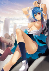 Rule 34 | 1girl, ayanami rei, bad id, bad pixiv id, bandages, blue hair, breasts, building, cloud, highres, kneehighs, large breasts, neon genesis evangelion, nipples, open clothes, open shirt, red eyes, rubble, sage joh, school uniform, shirt, shoes, short hair, sky, socks, solo