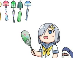 Rule 34 | blue eyes, commentary request, grey sailor collar, hair ornament, hair over one eye, hairclip, hama! (3toshinhmkz), hamakaze (kancolle), hand fan, kantai collection, looking up, neckerchief, no nose, paper fan, sailor collar, school uniform, serafuku, short hair, silver hair, simple background, solo, stuffed animal, stuffed shark, stuffed toy, uchiwa, upper body, white background, wind chime, yellow neckerchief