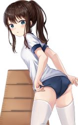 Rule 34 | 1girl, absurdres, aqua eyes, ass, bad id, bad twitter id, blush, breasts, brown hair, buruma, feet out of frame, gym uniform, hair between eyes, highres, long hair, looking at viewer, looking back, original, parted lips, ponytail, shirt, short sleeves, sidelocks, simple background, small breasts, solo, stack, standing, thighhighs, underwear, white background, white shirt, white thighhighs, zeroillya