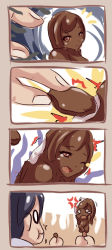 Rule 34 | 1boy, 1girl, 4koma, anger vein, black hair, blank eyes, brown eyes, brown hair, brown sclera, chibi, chocolate, chocolate covered, colored sclera, comic, dunceneygak, eating, food, highres, ice cream, long hair, open mouth, original, personification, popsicle, silent comic, tears, trembling, wavy mouth, white hair