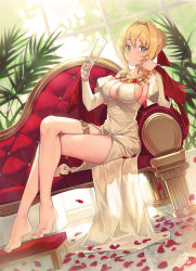 Rule 34 | 1girl, :3, ahoge, anklet, bare legs, bare shoulders, barefoot, blonde hair, breasts, chaise longue, champagne flute, cheek rest, cleavage, cup, detached sleeves, dress, drink, drinking glass, dutch angle, fate/extra, fate/grand order, fate (series), green eyes, hair intakes, holding, holding cup, jewelry, juliet sleeves, large breasts, crossed legs, long hair, long sleeves, looking at viewer, nagu, nero claudius (fate), nero claudius (fate) (all), nero claudius (fate/extra), nero claudius (formal dress) (fate), official alternate costume, petals, plant, puffy sleeves, signature, sitting, smile, solo, stool, thighs, white dress