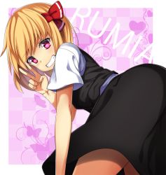 1girl blonde_hair female_focus grin hair_ribbon looking_at_viewer pink_eyes ribbon rumia shirt skirt skirt_set smile solo touhou v vest yabu_q