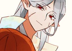 Rule 34 | 1boy, 1girl, bram stoker (bungou stray dogs), bungou stray dogs, closed mouth, facial scar, grey hair, koda aya (bungou stray dogs), orange hair, portrait, red eyes, rinu, scar, scar on cheek, scar on face, simple background, smile, white background