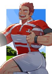 Rule 34 | 1boy, :d, ass, ball, bara, blush, brown hair, facial hair, facial scar, feet out of frame, from side, goatee, highres, kimi6666, large pectorals, looking at viewer, male focus, muscular, muscular male, open mouth, pectorals, rugby, rugby ball, rugby uniform, running, sanpaku, scar, scar on cheek, scar on face, shirt, short hair, short shorts, shorts, smile, solo, sparkling sweat, sportswear, stubble, sweat, tamamura gunzo, tareme, thick eyebrows, tight clothes, tight shirt, tokyo houkago summoners, very sweaty