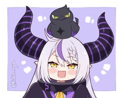 Rule 34 | 1girl, ahoge, animal, animal on head, asymmetrical hair, bird, bird on head, black coat, blush, blush stickers, braid, chibi, coat, commentary, crow (la+ darknesss), demon horns, english commentary, fang, french braid, hair between eyes, hololive, holox, horns, kukie-nyan, la+ darknesss, la+ darknesss (1st costume), long hair, looking at viewer, multicolored hair, on head, open mouth, pointy ears, portrait, purple background, purple hair, silver hair, simple background, single braid, skin fang, sleeves past fingers, sleeves past wrists, slit pupils, smug, solo, streaked hair, striped horns, twitter username, two-tone hair, virtual youtuber, yellow eyes