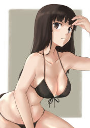 Rule 34 | 1girl, absurdres, bad id, bad pixiv id, bikini, black bikini, black hair, blunt bangs, breasts, brown background, brown eyes, cleavage, closed mouth, commentary, ennui orz, front-tie bikini top, front-tie top, frown, girls und panzer, hand in own hair, highres, large breasts, leaning forward, long hair, looking at viewer, mature female, navel, nishizumi shiho, outside border, sitting, skindentation, solo, straight hair, swimsuit