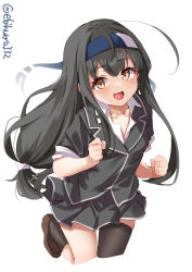 Rule 34 | 1girl, black hair, black jacket, black thighhighs, blue headband, blush, collarbone, collared shirt, cowboy shot, ebifurya, hair between eyes, hatsushimo (kancolle), hatsushimo kai ni (kancolle), headband, highres, jacket, kantai collection, kasumi (kancolle), long hair, looking at viewer, low-tied long hair, open mouth, pleated skirt, red eyes, school uniform, shirt, simple background, single thighhigh, skirt, sleeves rolled up, smile, solo, standing, standing on one leg, thighhighs, twitter username, white background, white shirt