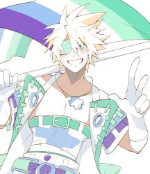 Rule 34 | 1boy, absurdres, alternate eye color, belt, blonde hair, blush, covered abs, eyepatch, flag, flagpole, gay male pride flag, gloves, gradient eyes, green eyes, grin, guilty gear, guilty gear xrd, highres, holding, holding flag, jewelry, lgbt pride, looking at viewer, male focus, multicolored eyes, necklace, pectorals, purple eyes, short hair, sin kiske, slippy (734nyui), smile, v, variant set, white gloves
