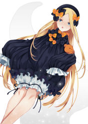 Rule 34 | 1girl, :o, abigail williams (fate), bad id, bad pixiv id, black bow, black dress, black hat, blonde hair, bloomers, blue eyes, bow, bug, butterfly, commentary request, dress, dutch angle, fate/grand order, fate (series), forehead, hair bow, hat, highres, hugging object, insect, karen ngao, long hair, long sleeves, multiple hair bows, orange bow, parted bangs, parted lips, polka dot, polka dot bow, simple background, sleeves past fingers, sleeves past wrists, solo, stuffed animal, stuffed toy, teddy bear, tentacles, underwear, very long hair, white background, white bloomers