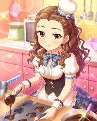 Rule 34 | 10s, 1girl, apron, artist request, baking, blush, bow, brown hair, chocolate, curly hair, dress, hat, heart, idolmaster, idolmaster cinderella girls, long hair, looking at viewer, microwave, mini hat, official art, patissier, red eyes, seki hiromi, smile, solo, valentine