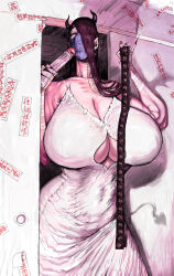 Rule 34 | 1girl, bare shoulders, breasts, cleavage, condom, condom wrapper, covered navel, demon girl, demon tail, dildo, dress, eyelashes, female focus, fingernails, half-closed eyes, highres, horns, huge breasts, imminent penetration, indoors, japanese text, long fingernails, long hair, looking at viewer, mask, mole, mole on breast, mouth mask, original, pinku, red eyes, sex toy, sharp fingernails, shiny skin, skin tight, solo, tail, translation request, underboob, white dress, wide hips