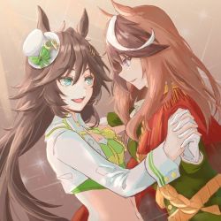 Rule 34 | 2girls, 7nosuke, :d, animal ears, aqua eyes, bow, brown background, brown hair, capelet, commentary request, crop top, epaulettes, gloves, green bow, green jacket, green shirt, hair between eyes, hat, hat bow, holding hands, horse ears, jacket, long hair, long sleeves, looking at another, midriff, mini hat, mini top hat, mr. c.b. (umamusume), multicolored hair, multiple girls, navel, open clothes, open jacket, open mouth, parted lips, red capelet, shirt, smile, stomach, strapless, strapless shirt, streaked hair, symboli rudolf (umamusume), top hat, umamusume, upper body, very long hair, white gloves, white headwear, white jacket, yuri