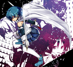 Rule 34 | 10s, 2girls, blue eyes, blue hair, cape, detached sleeves, dual wielding, fortissimo, gloves, hair ornament, highres, holding, magical girl, mahou shoujo madoka magica, mahou shoujo madoka magica (anime), masamuuu, miki sayaka, multiple girls, musical note, musical note hair ornament, sakura kyoko, skirt, standing, sword, thighhighs, weapon, white gloves, white legwear