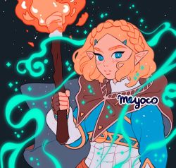 Rule 34 | 1girl, artist name, blonde hair, blue eyes, blush, braid, cape, fingerless gloves, gloves, hair ornament, hairclip, holding, holding torch, looking at viewer, meyoco, nintendo, parted lips, pointy ears, princess zelda, short hair, solo, sparkle, the legend of zelda, the legend of zelda: breath of the wild, the legend of zelda: tears of the kingdom, thick eyebrows, torch, upper body