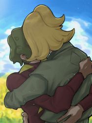 Rule 34 | 2boys, blonde hair, blurry, blurry background, brassius (pokemon), brown jacket, cloud, commentary request, creatures (company), day, flipped hair, game freak, green hair, green jacket, half updo, hassel (pokemon), highres, hug, implied kiss, jacket, long sleeves, male focus, multiple boys, nintendo, outdoors, pokemon, pokemon sv, science cps, sky, yaoi