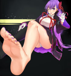 Rule 34 | 10s, 1girl, :p, absurdres, barefoot, bb (fate), bb (fate/extra), black thighhighs, blush, fate/extra, fate/extra ccc, fate (series), feet, foot focus, hair ribbon, highres, long hair, looking at viewer, nail polish, one eye closed, panties, pantyshot, pov, purple eyes, purple hair, ribbon, single sock, socks, soles, solo, thighhighs, toenail polish, toenails, toes, tongue, tongue out, underwear, wink