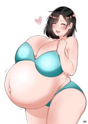 Rule 34 | 1girl, absurdres, artist name, bayoshii, big belly, black hair, blush, bra, breasts, cleavage, closed eyes, cowboy shot, curvy, earrings, glasses, happy, heart, highres, huge breasts, jewelry, looking at viewer, medium hair, motion lines, navel, open mouth, original, outie navel, panties, pearl earrings, pregnant, sidelocks, signature, simple background, skindentation, smile, solo, standing, thick thighs, thighs, underwear, white background, wide hips