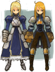 Rule 34 | 00s, 2girls, agrias oaks, ahoge, armor, artoria pendragon (fate), blonde hair, crossover, fate/stay night, fate (series), final fantasy, final fantasy tactics, knight, look-alike, multiple girls, saber (fate), trait connection