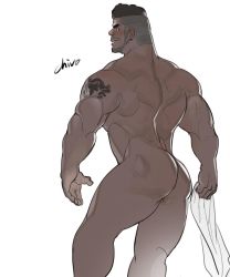 Rule 34 | 1boy, ass, baptiste (overwatch), bara, beard, blush, brown hair, chivo (kalchivo), completely nude, dark-skinned male, dark skin, facial hair, feet out of frame, highres, looking at viewer, male focus, mature male, muscular, muscular male, nude, overwatch, overwatch 1, short hair, shoulder tattoo, smug, solo, tattoo, thick thighs, thighs, undercut
