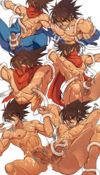 Rule 34 | 1boy, armpits, bara, brown hair, cum, cum on body, male focus, multiple views, muscular, nude, oral, penis, strider hiryuu, tentaclejob, tentacles, tentacles on male, uncensored, undressing