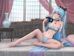 Rule 34 | 1girl, absurdres, ayaka (genshin impact), bare legs, bare shoulders, barefoot, black choker, blue bra, blue eyes, blue hair, blue jacket, blue panties, blush, bra, breasts, choker, collarbone, commentary request, curtains, feet, full body, genshin impact, gradient hair, hair between eyes, hair in own mouth, hair ribbon, hand fan, high ponytail, highres, holding, holding fan, indoors, jacket, legs, long hair, looking at viewer, medium breasts, mole, mole under eye, multicolored hair, navel, off shoulder, on bed, panties, parted lips, pillow, pink ribbon, ponytail, pot, purple hair, ribbon, sitting, solo, stomach, strap slip, underwear, very long hair, yuyuyu (pixiv19949705)
