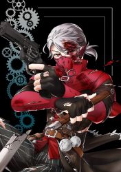 Rule 34 | 1boy, absurdres, aesop carl, bad id, bad pixiv id, black background, black gloves, black pants, blood, blood on clothes, broken, broken weapon, deep wound, dual wielding, fingerless gloves, gloves, gun, hair between eyes, highres, holding, holding gun, holding weapon, identity v, injury, looking at viewer, male focus, mask, official alternate costume, pants, red eyes, solo, striped clothes, striped pants, torn clothes, torn gloves, torn pants, weapon