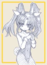 Rule 34 | 10s, 1girl, alternate costume, animal ears, bare shoulders, ehime mikan, fake animal ears, fishnets, hair ribbon, kagerou (kancolle), kantai collection, leotard, long hair, looking to the side, pantyhose, playboy bunny, rabbit ears, rabbit tail, ribbon, simple background, smile, solo, tail, twintails, wrist cuffs