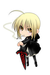Rule 34 | 00s, 1girl, ahoge, artoria pendragon (all), artoria pendragon (fate), blonde hair, chibi, cigarette, dress, excalibur morgan (fate), fate/stay night, fate (series), gothic lolita, hands on hilt, lolita fashion, lowres, nimiya, official alternate costume, saber (fate), saber alter, smoking, solo, sword, weapon, yellow eyes
