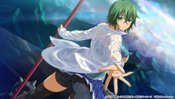 Rule 34 | 1girl, ass, bike shorts, black shorts, black thighhighs, blue skirt, breasts, closed mouth, day, dress shirt, green eyes, green hair, hair between eyes, highres, holding, holding weapon, ikkitousen, kyocho chuukou, large breasts, looking at viewer, looking back, miniskirt, mountain, official art, open clothes, open shirt, outdoors, pleated skirt, shirt, short hair, short shorts, shorts, shorts under skirt, sideboob, skirt, smile, solo, spike ball, sunlight, thighhighs, torn clothes, torn shirt, weapon, wet, wet clothes, wet hair, wet shirt, white shirt, zettai ryouiki